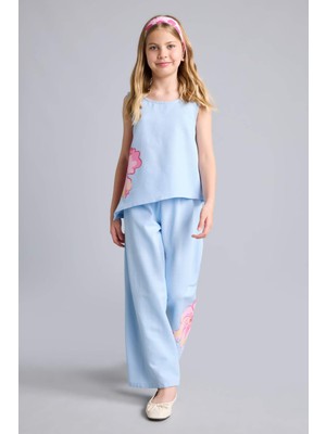 DeFacto Wide Leg Geniş Paça Açık Mavi Çiçekli Pantolon Kız Çocuk H9946A826HS
