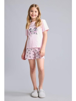 DeFacto %100 Pamuk Disney Mickey & Minnie Lisanslı Regular Fit Elastik Bel 2'li Açık Pembe Pijama Takımı Kız Çocuk H8101A826HS