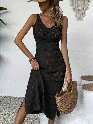 Moda Loris Kadın Askılı V Yakalı Uzun Triko Elbise
