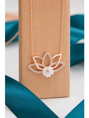 Siset Gümüş 925 Ayar Rose Kaplama Manolya Çiçekli Lotus Gümüş Kolye