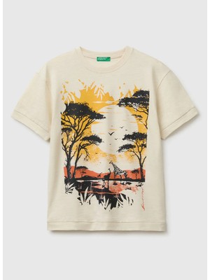 United Colors Of Benetton Krem Erkek Çocuk Baskılı T-Shirt 3SDLC10TU