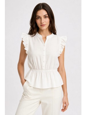 Mixray 4921 Kadın Volanlı Hakim Yaka Jakarlı Peplum Bluz Ekru