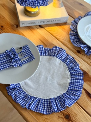 Kai Atelier 2li Sea x Natural Keten Yuvarlak Fırfır Detaylı Amerikan Servis/ Supla Mavi Kareli