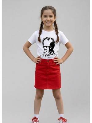 Nacar Store Kız Çocuk Atatürk Baskılı T-Shirt ve Keten Etek Takım 23 Nisan-Özel Bayramlar
