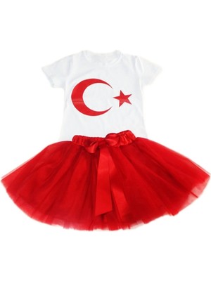 Nacar Store Kız Çocuk 23NISAN 29EKIM Gösteri Doğumgünü Kıyafeti Ayyıldız Kısa Kol Beyaz T-Shırt Tütü Etek Takım