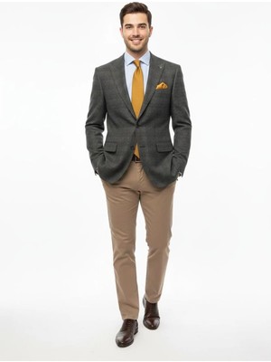 Presto Erkek Haki Ekose Klasik Ceket 4 Drop Regular Fit Tek Kışlık Ceket 1714-700