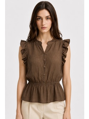 Mixray 4921 Kadın Volanlı Hakim Yaka Jakarlı Peplum Bluz Kahve