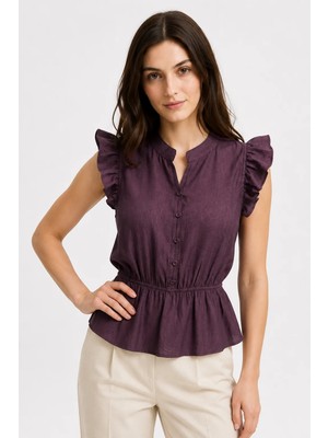 Mixray 4921 Kadın Volanlı Hakim Yaka Jakarlı Peplum Bluz Mürdüm