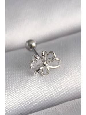 Uravas Store 316L Çelik Gümüş Renk Zirkon Taş Detay Kurdele Model Tragus Piercing