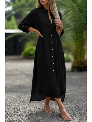 Moda Loris Kadın Uzun Kollu Yakalı Önden Düğmeli Geniş Kesim Detaylı Uzun Elbise