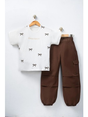 Aden Kids 10-13 Yaş Kahverengi Renk Oversize Kız Çocuk Pamuk Keten Pantalonlu Alt Üst Takım