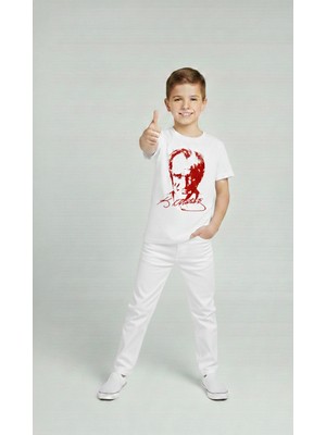Nacar Store Erkek Çocuk Atatürk Baskılı T-Shirt ve Beyaz Keten Pantolon Takım 23NISAN ve Özel Günler