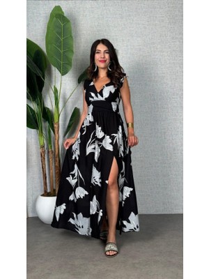 Moda Loris Kadın Askılı Kruvaze Yakalı Geniş Kesim Detaylı Yırtmaclı Uzun Süprem Elbise