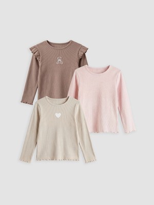 LC Waikiki Lcw Baby Kahverengi Nakışlı Kız Bebek Tişört 3'lü