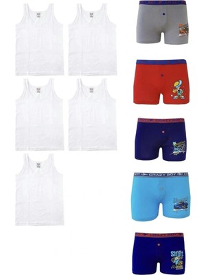 Nacar Store Erkek Çocuk 5 Atlet 5 Desenli Boxer Pamuklu Likralı Terletmez Takım