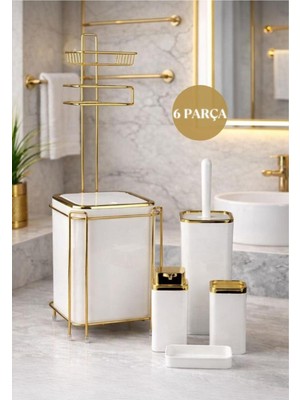UltraMint Beyaz Kare Gold Yedekli Wc Kağıtlık ve 6 Parça Banyo Seti, Şık ve Kullanışlı