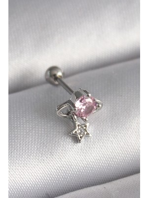 Uravas Store 316L Çelik Gümüş Renk Pembe Zirkon Taşlı Sallantı Yıldız Detay Tragus Piercing