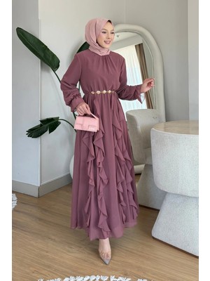 Tesettür Diyarı Rosella Kore Şifon Kumaş Astarlı Tesettür Elbise- Pembe