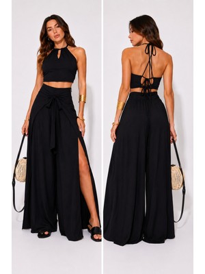 Meride Fashion Crop Bluz Sırtı Bağlamalı ve Bol Paça Pantolon Takım Aerobin Kumaş