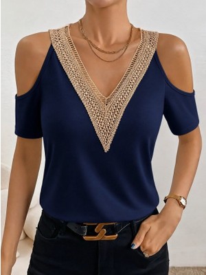 Moda Loris Kadın Omuzlardan Açık V Yakalı Viskon Bluz