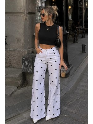 Madmext Beyaz Puantiye Desenli Yüksek Bel Pantolon MG2861