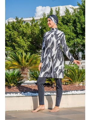 Ruko Maio Kadın Crop Üst Rahat Kesim Lycra(Su Iten Kumaş) Siyah Desenli Tesettür Mayo Takımı