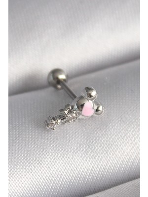 Uravas Store 316L Çelik Gümüş Renk Zirkon Taş Detay Pembe Kalp Işleme Tragus Piercing