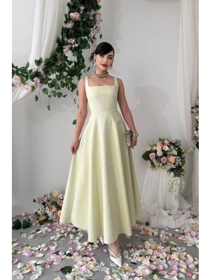 Nils Butik Askılı Kare Yaka Jakar Desenli Seraphine Midi Elbise