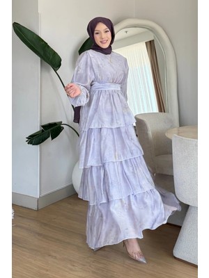 Tesettür Diyarı Fluer Tül Modal Kumaş Baskılı Astarlı Tesettür Elbise- Lila