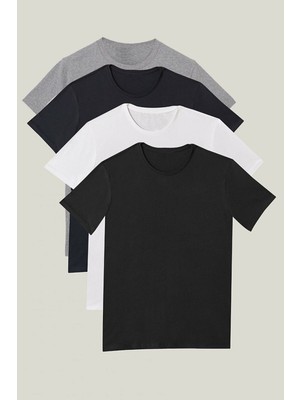 Nacar Store 4\'lü Paket Premium Yazlık Düz Renk Basic T-Shirt