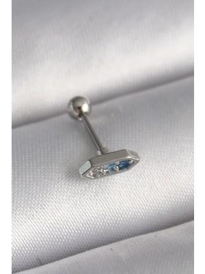 Uravas Store 316L Çelik Gümüş Renk Mavi Zirkon Taşlı Tragus Piercing