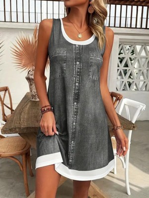 Moda Loris Kadın Askılı Yuvarlak Yakalı Kot Görünümlü Kısa Süprem Elbise