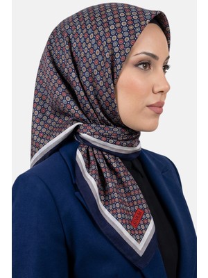 Hadiora Kadın Lacivert Kırmızı Geometrik Desen Dikişli Yazma