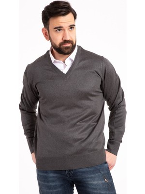 Nacar Store Erkek Gri Ince Yün Triko V Yaka Triko Kazak