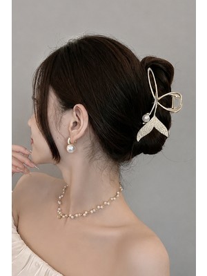 Trend Collection Gold Metal Balık Kuyruğu Saç Tokası Inci Detaylı Topuz Tokası