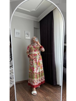 RFK Butik Kadın Otantik Desenli Bordo Viskon Elbise - Bordo