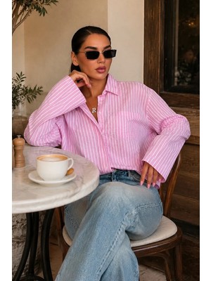 Madmext Pembe Çizgili Sendy Kumaş Kadın Gömlek MG2834