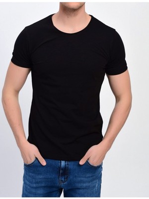 Nacar Store Erkek Siyah Bisiklet Yaka Likralı Basic T-Shirt