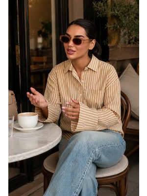 Madmext Bej Çizgili Sendy Kumaş Kadın Gömlek MG2834