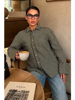 Madmext Haki Çizgili Sendy Kumaş Kadın Gömlek MG2834