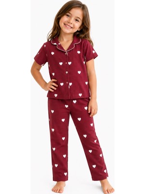 CQCQ Kız Çocuk Kırmızı Kalp Desenli Düğmeli Pijama Takımı
