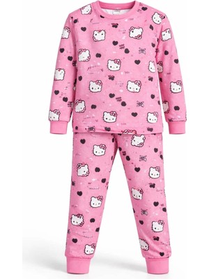 CQCQ Kız Çocuk Sevimli Kedi Desenli Pembe Pijama Takımı %100 Pamuklu