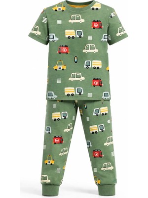 CQCQ Erkek Çocuk Arabalı Yeşil Pijama Takımı %100 Pamuklu
