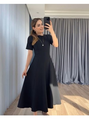 Moda Loris Kadın Kısa Kollu Bisiklet Yaka Maksi Boy Ithal Krep Elbise
