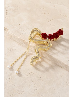 Trend Collection Gold Taşlı Gül Detaylı Vıp Metal Mandal Toka