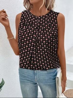 Moda Loris Kadın Askılı Yuvarlak Yakalı Desenli Süprem Bluz