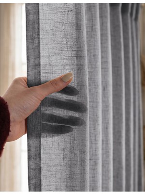 Favolli Gri Renk Keten Dokulu Tül Perde - 1/3 Sık Pile - Pinterest Stilinde Dekorasyon