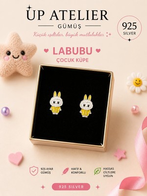 925 Ayar Gümüş Çocuk Küpesi Trend Labubu Model Sarı