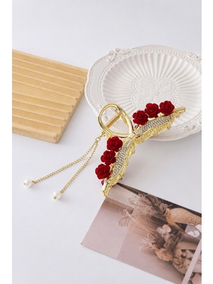 Trend Collection Özel Tasarım Vıp Gold Metal Mandal Toka Kırmızı Gül ve Inci Detaylı
