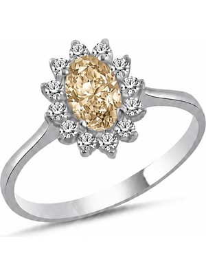 La Mia Felicita 925 Ayar Gümüş Şampanya Renk Oval Taşlı Pırlanta Montür Rodyum Kaplama Kadın Yüzük – Şampanya Modern Vintage Yüzük